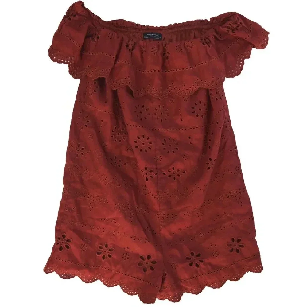 ZARA || Women's Burnt Clay Eyelet Romper Off Shoulder Medium Vacation Resortwear